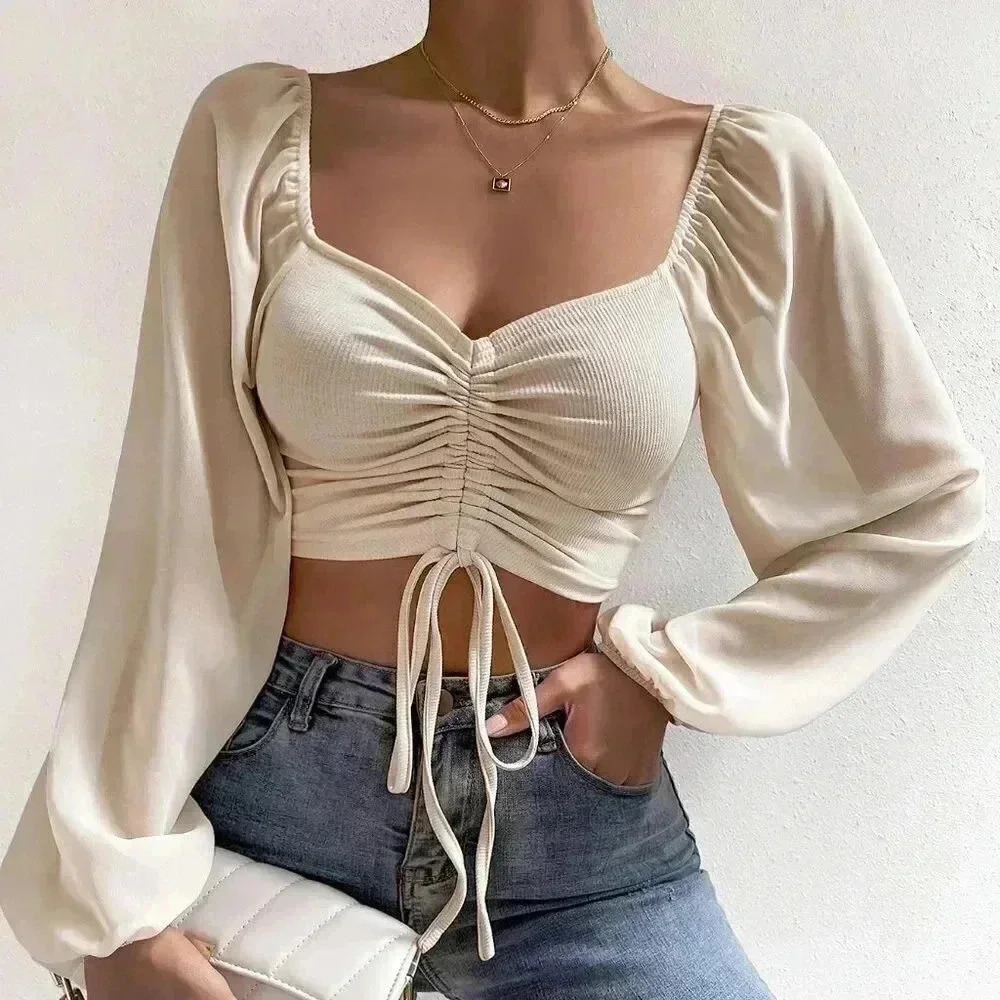 Beige Casual Women's Sweetheart Neck Drawstring Lantern Sleeve Crop Top